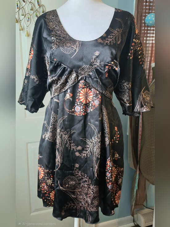GLAM South Beach Tops - Y2K Vintage GLAM South Beach Satin Kimono Tunic Womens XL Black Dark Boho Floral